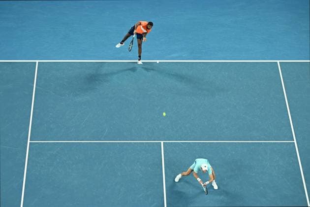 TENNIS AUSTRALIAN OPEN, Matthew Ebden (bottom) of Australia and Rohan Bopanna (top) of India in action during their Men?s Doubles final against Simone Bolelli and Andrea Vavassori of Italy on Rod Laver Arena on Day 14 of the 2024 Australian Open at Melbourne Park in Melbourne, Thursday, January 25, 2024. ( NO ARCHIVING, EDITORIAL USE ONLY, NO USE IN BOOKS WITHOUT CONSENT MELBOURNE VICTORIA AUSTRALIA  Copyright: xJAMESxROSSx 20240127001894252140