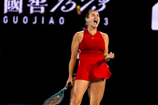 MELBOURNE, VIC - JANUARY 27: Aryna Sabalenka of Belarus celebrates during the finals of the 2024 Australian Open on January 27 2024, at Melbourne Park in Melbourne, Australia. (Photo by Jason Heidrich Icon Sportswire) TENNIS: JAN 27 Australian Open EDITORIAL USE ONLY Icon240127247