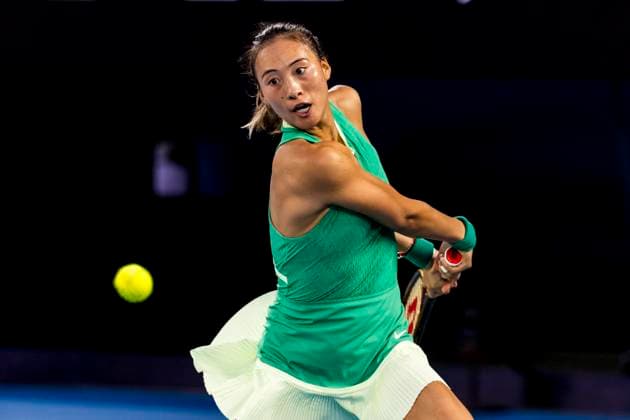 MELBOURNE, VIC - JANUARY 27: Qinwen Zheng of China in action during the finals of the 2024 Australian Open on January 27 2024, at Melbourne Park in Melbourne, Australia. (Photo by Jason Heidrich Icon Sportswire) TENNIS: JAN 27 Australian Open EDITORIAL USE ONLY Icon240127281