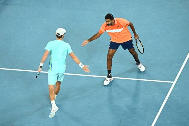 TENNIS AUSTRALIAN OPEN, Matthew Ebden (left) of Australia and Rohan Bopanna (right) of India in action during their Men?s Doubles final against Simone Bolelli and Andrea Vavassori of Italy on Rod Laver Arena on Day 14 of the 2024 Australian Open at Melbourne Park in Melbourne, Thursday, January 25, 2024. ( NO ARCHIVING, EDITORIAL USE ONLY, NO USE IN BOOKS WITHOUT CONSENT MELBOURNE VICTORIA AUSTRALIA  Copyright: xJAMESxROSSx 20240127001894260537