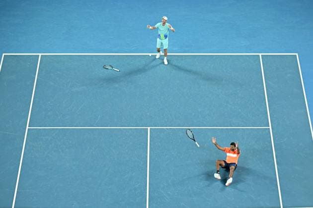 TENNIS AUSTRALIAN OPEN, Matthew Ebden (top) of Australia and Rohan Bopanna (bottom) of India celebrate match point during their Men?s Doubles final win over Simone Bolelli and Andrea Vavassori of Italy on Rod Laver Arena on Day 14 of the 2024 Australian Open at Melbourne Park in Melbourne, Thursday, January 25, 2024. ( NO ARCHIVING, EDITORIAL USE ONLY, NO USE IN BOOKS WITHOUT CONSENT MELBOURNE VICTORIA AUSTRALIA  Copyright: xJAMESxROSSx 20240127001894273516