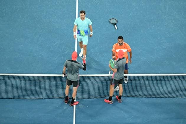 TENNIS AUSTRALIAN OPEN, Simone Bolelli and Andrea Vavassori of Italy congratulate Matthew Ebden (top left) of Australia and Rohan Bopanna (top right) of India on their Men?s Doubles final win on Rod Laver Arena on Day 14 of the 2024 Australian Open at Melbourne Park in Melbourne, Thursday, January 25, 2024. ( NO ARCHIVING, EDITORIAL USE ONLY, NO USE IN BOOKS WITHOUT CONSENT MELBOURNE VICTORIA AUSTRALIA  Copyright: xJAMESxROSSx 20240127001894277294