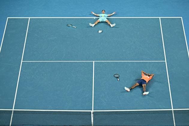 TENNIS AUSTRALIAN OPEN, Matthew Ebden (top) of Australia and Rohan Bopanna (bottom) of India celebrate match point during their Men?s Doubles final win over Simone Bolelli and Andrea Vavassori of Italy on Rod Laver Arena on Day 14 of the 2024 Australian Open at Melbourne Park in Melbourne, Thursday, January 25, 2024. ( NO ARCHIVING, EDITORIAL USE ONLY, NO USE IN BOOKS WITHOUT CONSENT MELBOURNE VICTORIA AUSTRALIA  Copyright: xJAMESxROSSx 20240127001894277828