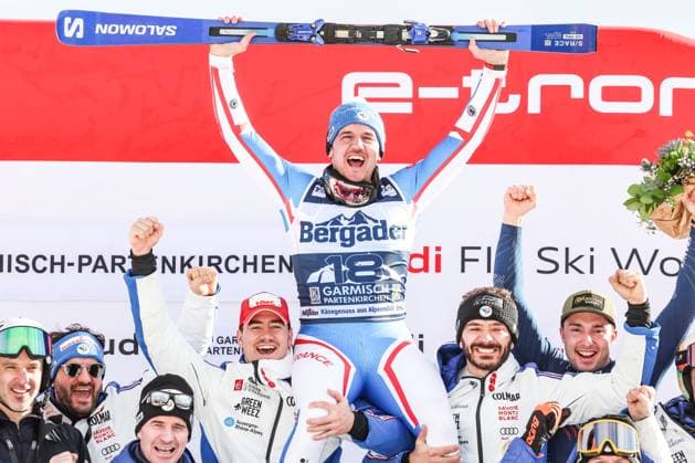 Bilder des Jahres 2024, Sport 01 Januar Sport Themen der Woche KW04 ALPINE SKIING - FIS WC Garmisch Partenkirchen GARMISCH-PARTENKIRCHEN,GERMANY,27.JAN.24 - ALPINE SKIING - FIS World Cup, Super G, men. Image shows the rejoicing of Nils Allegre (FRA) and team FRA.  GEPAxpictures xHaraldxSteiner