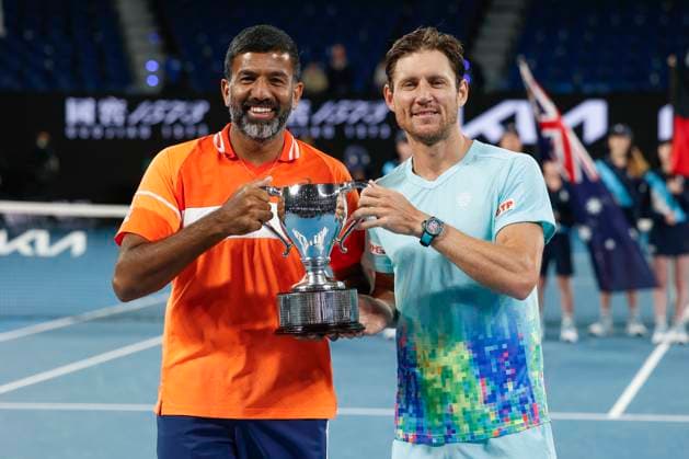 Rohan Bopanna and Matthew Ebden, Award Ceremony, Presentation, Mens DoublesAustralian Open 2024, Melbourne Park, Melbourne, Victoria, Australia Copyright: xJuergenxHasenkopfx