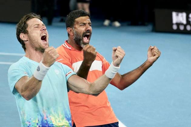 (240127) -- MELBOURNE, Jan. 27, 2024 -- Rohan Bopanna (R) Matthew Ebden celebrate after winning the men s doubles final between Rohan Bopanna (India) Matthew Ebden (Australia) and Simone Bolelli (Italy) Andrea Vavassori (Italy) at Australian Open tennis tournament in Melbourne, Australia, Jan. 27, 2024. ) (SP)AUSTRALIA-MELBOURNE-TENNIS-AUSTRALIAN OPEN-FINAL WangxShen 
