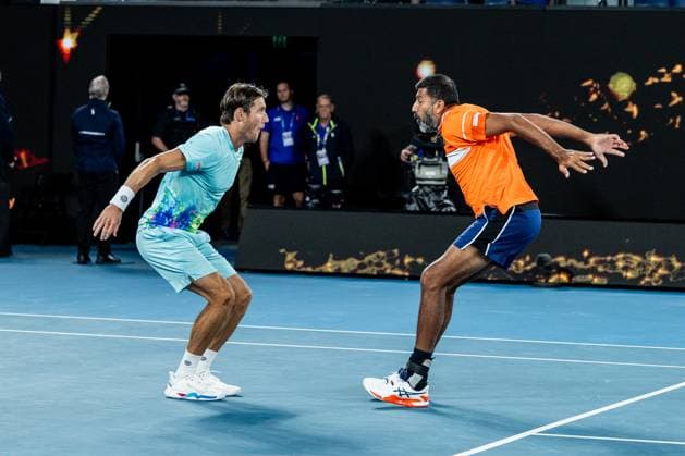 (240127) -- MELBOURNE, Jan. 27, 2024 -- Rohan Bopanna (R) Matthew Ebden celebrate after winning the men s doubles final between Rohan Bopanna (India) Matthew Ebden (Australia) and Simone Bolelli (Italy) Andrea Vavassori (Italy) at Australian Open tennis tournament in Melbourne, Australia, Jan. 27, 2024. ) (SP)AUSTRALIA-MELBOURNE-TENNIS-AUSTRALIAN OPEN-FINAL ChuxChen 