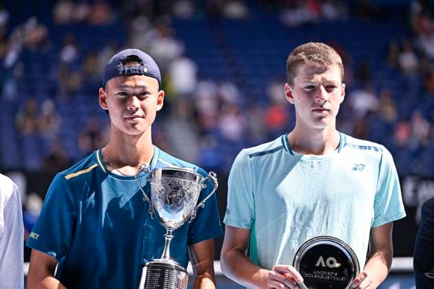 Australian Open - Japan Sakamoto Wins Junior Title Rei Sakamoto of Japan winner of the juniors single s final and Jan Kumstat during the Australian Open AO 2024 Grand Slam tennis tournament on January 26, 2024 at Melbourne Park in Melbourne, Australia. Photo by Victor Joly ABACAPRESS.COM Melbourne Australia  Copyright: xJolyxVictor ABACAx