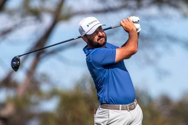 LA JOLLA, CA - JANUARY 27: Stephan Jaeger drives off the fifth hold tee during the final round of the PGA, Golf Herren Tour Farmer™s Insurance Open, at Torrey Pines Golf Course, Saturday, January 27, 2024, in La Jolla, California. (Photo by Tony Ding Icon Sportswire) GOLF: JAN 27 PGA Farmers Insurance Open EDITORIAL USE ONLY Icon46520240127042