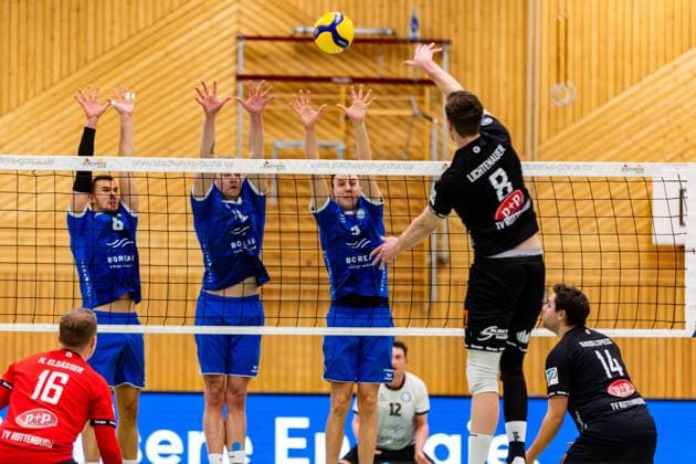 27 01 2024, GER, 2 BL Maenner Sued, Volleyball, Saison 2023 2024, Blue Volleys Gotha vs TV Rottenburg 1861 Dominik Duchac Blue Volleys Gotha Harrison Paul McBean Blue Volleys Gotha Assmann, Christoph Blue Volleys Gotha Lichtenauer, Niklas TV Rottenburg 1861 99867 Gotha Ernestiner Halle Thüringen Germany