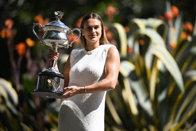 TENNIS AUSTRALIAN OPEN, Aryna Sabalenka of Belarus poses for a photo with the Daphne Akhurst Memorial Cup following her win over Qinwen Zheng of China in the Women?s Singles Final at the 2024 Australian Open tennis tournament in Melbourne, Sunday, January 28, 2024. ( NO ARCHIVING, EDITORIAL USE ONLY, NO USE IN BOOKS WITHOUT CONSENT MELBOURNE VICTORIA AUSTRALIA  Copyright: xJOELxCARRETTx 20240128001894574509