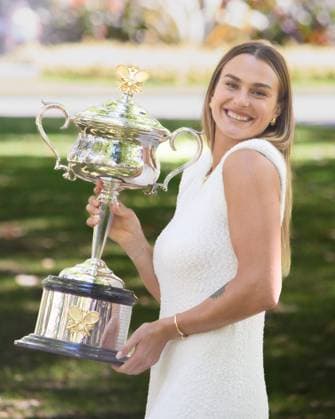 January 28, 2024: ARYNA SABALENKA of Belarus poses with the Daphne Akhurst Memorial Cup at her trophy photo call in Carlton Gardens after winning the WomenÃ¢â‚¬â ¢s Singles Final of the 2024 Australian Open in Melbourne Australia. Cal Media USA - ZUMAc04_ 20240128_faf_c04_007 Copyright: xSydneyxLowx