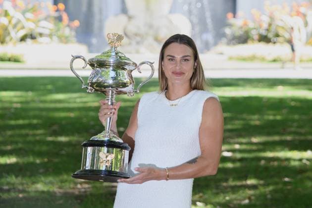 January 28, 2024: ARYNA SABALENKA of Belarus poses with the Daphne Akhurst Memorial Cup at her trophy photo call in Carlton Gardens after winning the WomenÃ¢â‚¬â ¢s Singles Final of the 2024 Australian Open in Melbourne Australia. Cal Media USA - ZUMAc04_ 20240128_faf_c04_008 Copyright: xSydneyxLowx
