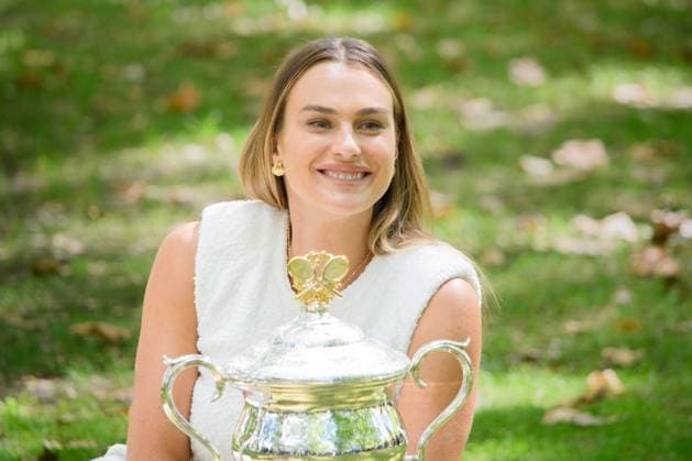 January 28, 2024: ARYNA SABALENKA of Belarus poses with the Daphne Akhurst Memorial Cup at her trophy photo call in Carlton Gardens after winning the WomenÃ¢â‚¬â ¢s Singles Final of the 2024 Australian Open in Melbourne Australia. Cal Media USA - ZUMAc04_ 20240128_faf_c04_010 Copyright: xSydneyxLowx
