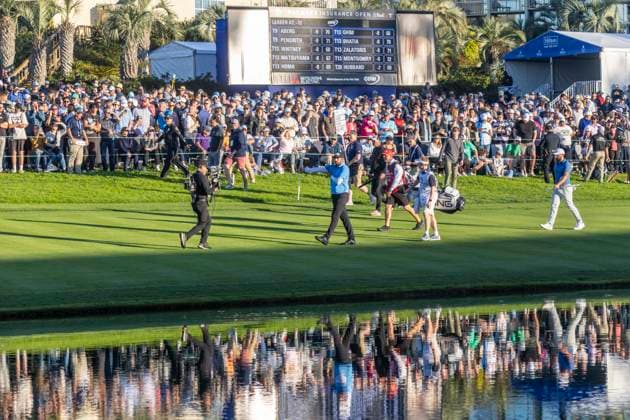 LA JOLLA, CA - JANUARY 27: Matthieu Pavon walks toward the 18th hole green during the final round of the PGA, Golf Herren Tour Farmer™s Insurance Open, at Torrey Pines Golf Course, Saturday, January 27, 2024, in La Jolla, California. (Photo by Tony Ding Icon Sportswire) GOLF: JAN 27 PGA Farmers Insurance Open EDITORIAL USE ONLY Icon46520240127062