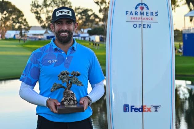 January 27, 2024: Matthieu Pavon holds the trophy after winning the the Farmers Insurance Open at Torrey Pines South in San Diego, California. CSM San Diego USA - ZUMAc04_ 20240127_zma_c04_378 Copyright: xJustinxFinex