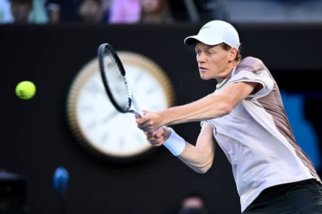TENNIS AUSTRALIAN OPEN, Jannik Sinner of Italy in action during the Men?s Singles final against Daniil Medvedev of Russia on Rod Laver Arena on Day 15 of the 2024 Australian Open at Melbourne Park in Melbourne, Sunday, January 28, 2024. ( NO ARCHIVING, EDITORIAL USE ONLY, NO USE IN BOOKS WITHOUT CONSENT MELBOURNE VICTORIA AUSTRALIA  Copyright: xJOELxCARRETTx 20240128001894704823