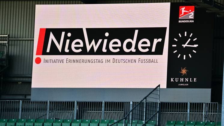28 01 2024 Soccer Season 2023 2024 2 Soccer Bundesliga 19 Matchday SpVgg Greuther Fürth Kleeblatt KSV Holstein Kiel Störche Sportfoto Zink xwoxzix DFL regulations prohibit any use of photographs as image sequences and or quasi video only for editorial use Scoreboard NEVER AGAIN Initiative Remembrance Day in German Soccer
