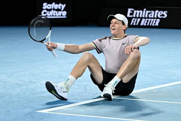 TENNIS AUSTRALIAN OPEN, Jannik Sinner of Italy drops onto the court as he celebrates match point during his Men?s Singles final win against Daniil Medvedev of Russia on Rod Laver Arena on Day 15 of the 2024 Australian Open at Melbourne Park in Melbourne, Sunday, January 28, 2024. ( NO ARCHIVING, EDITORIAL USE ONLY, NO USE IN BOOKS WITHOUT CONSENT MELBOURNE VICTORIA AUSTRALIA  Copyright: xJOELxCARRETTx 20240128001894767555