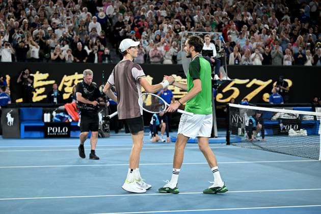 TENNIS AUSTRALIAN OPEN, Daniil Medvedev of Russia congratulates Jannik Sinner of Italy on his Men?s Singles final win on Rod Laver Arena on Day 15 of the 2024 Australian Open at Melbourne Park in Melbourne, Sunday, January 28, 2024. ( NO ARCHIVING, EDITORIAL USE ONLY, NO USE IN BOOKS WITHOUT CONSENT MELBOURNE VICTORIA AUSTRALIA  Copyright: xJOELxCARRETTx 20240128001894772393