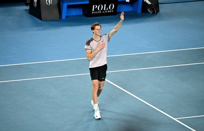 TENNIS AUSTRALIAN OPEN, Jannik Sinner of Italy reacts after winning the Men?s Singles final against Daniil Medvedev of Russia on Rod Laver Arena on Day 15 of the 2024 Australian Open at Melbourne Park in Melbourne, Sunday, January 28, 2024. ( NO ARCHIVING, EDITORIAL USE ONLY, NO USE IN BOOKS WITHOUT CONSENT MELBOURNE VICTORIA AUSTRALIA  Copyright: xJAMESxROSSx 20240128001894774070