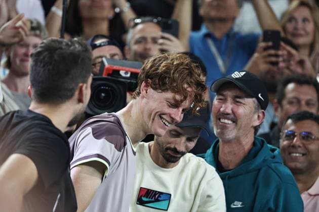 Jannik Sinner, ITA, celebrating with his team after final of 2024 Australian Open in Melbourne, 28 01 2023