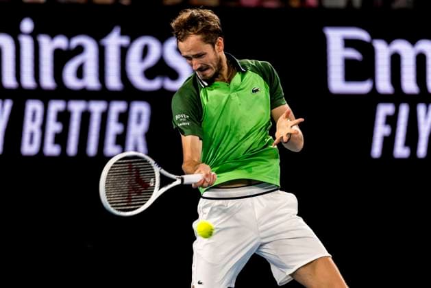 MELBOURNE, VIC - JANUARY 28: Daniil Medvedev of Russia in action during the finals of the 2024 Australian Open on January 28 2024, at Melbourne Park in Melbourne, Australia. (Photo by Jason Heidrich Icon Sportswire) TENNIS: JAN 28 Australian Open EDITORIAL USE ONLY Icon240128168