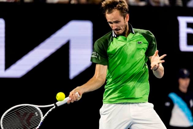 MELBOURNE, VIC - JANUARY 28: Daniil Medvedev of Russia in action during the finals of the 2024 Australian Open on January 28 2024, at Melbourne Park in Melbourne, Australia. (Photo by Jason Heidrich Icon Sportswire) TENNIS: JAN 28 Australian Open EDITORIAL USE ONLY Icon240128184