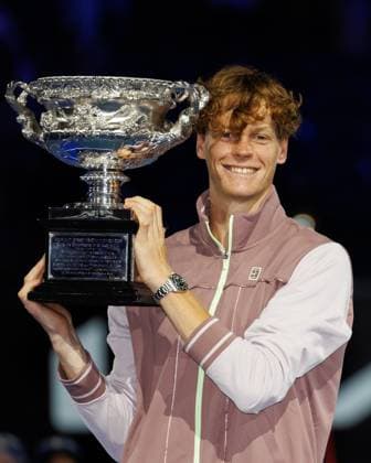 January 28, 2024: 4th seed JANNIK SINNER of Italy poses with the Norman Brookes Challenge Cup after winning the Men s Singles Final match against Danil Medvedev of the Russian Federation on Rod Laver Arena on day 15 of the 2024 Australian Open in Melbourne, Australia. Cal Media USA - ZUMAc04_ 20240128_faf_c04_021 Copyright: xSydneyxLowx