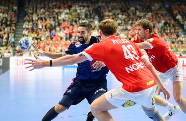 from l KARABATIC Nikola FRA , Simon Bogetoft PYTLICK DEN , Jacobsen Magnus LANDIN DEN , duel, action, France FRA vs Denmark DEN , final, in Cologne on 28 01 2024 European Mens Handball Championship, from 10 01 28 01 2024 in Germany Germany