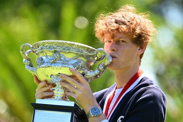 TENNIS AO WINNER PORTRAIT, Jannik Sinner of Italy poses for a photograph with the Norman Brookes Challenge Cup following his win over Daniil Medvedev of Russia in the Men?s Singles Final at the 2024 Australian Open tennis tournament in Melbourne, Monday, January 29, 2024. ( NO ARCHIVING, EDITORIAL USE ONLY, NO USE IN BOOKS WITHOUT CONSENT MELBOURNE VICTORIA AUSTRALIA  Copyright: xJAMESxROSSx 20240129001895066260