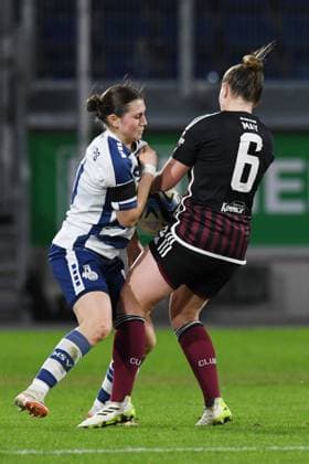 Antonia Halverkamps MSV Duisburg Frauen in duel with Jessica May 1 FC Nuernberg Frauen GER, MSV Duisburg Frauen vs 1 FC Nuernberg Frauen, Soccer, Bundesliga,11 Matchday Season 2023 2024, 28 01 2024 DFL DFB REGULATIONS PROHIBIT ANY USE OF PHOTOGRAPHS AS IMAGE SEQUENCES AND OR QUASI VIDEO GER, MSV Duisburg Frauen vs 1 FC Nuernberg Frauen, Soccer, Bundesliga,11 Matchday Season 2023 2024, 28 01 2024 Duisburg Copyright: xEibner-Pressefoto ThomasxThienelx EP_TTL