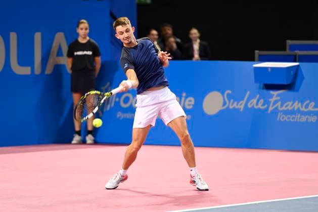 MONTPELLIER, FRANCE - JANUARY 29 : Ugo BLANCHET (FRA) during the qualifiers of the ATP, Tennis Herren 250 Open Sud de France tournament in Montpellier, France on January 29th, 2024. TENNIS : Open Sud de France ATP 250 - 29 01 2024 ValentinaClaret Panoramic 