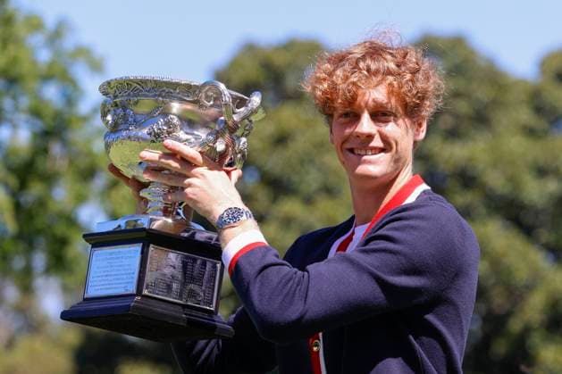 January 29, 2024, Melbourne, Victoria, Australia: JANNIK SINNER of Italy poses with the Norman Brookes Challenge Cup after winning the 2024 Australian Open Final, at the Royal Botanic Gardens in Melbourne, Australia. Melbourne Australia - ZUMAl131 20240129_zsp_l131_012 Copyright: xCiroxDexLucax