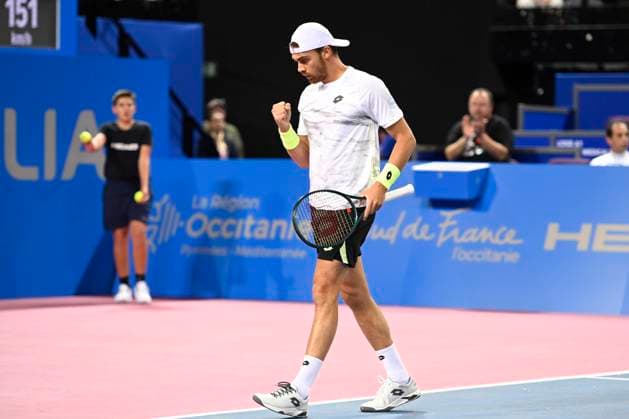 MONTPELLIER, FRANCE - JANUARY 29 : Benjamin BONZI (FRA) celebration during the 1st round of the ATP, Tennis Herren 250 Open Sud de France tournament in Montpellier, France on January 29th, 2024. TENNIS : Open Sud de France ATP 250 - 29 01 2024 ValentinaClaret Panoramic 