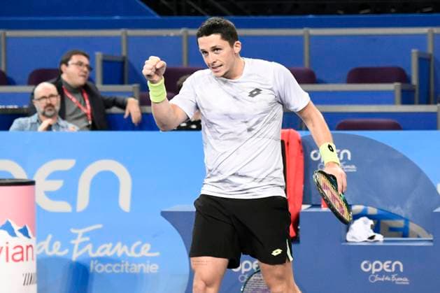 MONTPELLIER, FRANCE - JANUARY 30 : Harold MAYOT (FRA) wins the 1st round of the ATP, Tennis Herren 250 Open Sud de France tournament vs. Lucas POUILLE (FRA) in Montpellier, France on January 30th, 2024. TENNIS : Open Sud de France ATP 250 - 30 01 2024 ValentinaClaret Panoramic 