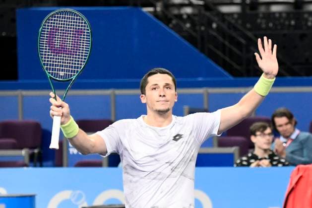 MONTPELLIER, FRANCE - JANUARY 30 : Harold MAYOT (FRA) wins the 1st round of the ATP, Tennis Herren 250 Open Sud de France tournament vs. Lucas POUILLE (FRA) in Montpellier, France on January 30th, 2024. TENNIS : Open Sud de France ATP 250 - 30 01 2024 ValentinaClaret Panoramic 