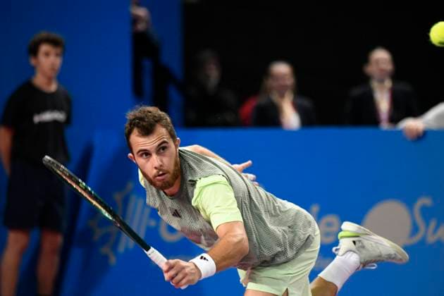 MONTPELLIER, FRANCE - JANUARY 30 : Hugo GASTON (FRA) during the 1st round of the ATP, Tennis Herren 250 Open Sud de France tournament against Denis SHAPOVALOV (CAN) in Montpellier, France on January 30th, 2024. TENNIS : Open Sud de France ATP 250 - 30 01 2024 ValentinaClaret Panoramic 