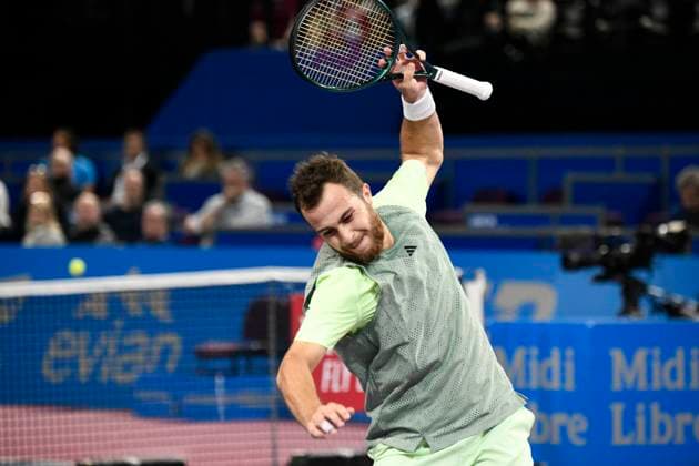 MONTPELLIER, FRANCE - JANUARY 30 : Hugo GASTON (FRA) angry during the 1st round of the ATP, Tennis Herren 250 Open Sud de France tournament against Denis SHAPOVALOV (CAN) in Montpellier, France on January 30th, 2024. TENNIS : Open Sud de France ATP 250 - 30 01 2024 ValentinaClaret Panoramic 