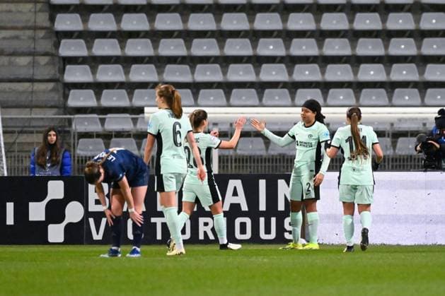 Mia Fishel ( 2 - Chelsea ) celebrates with teammates during the UEFA Women s Champions League match between PFC and Chelsea at Stade Charlety on January 30, 2024 in Paris, France. ( Photo by federico pestellini panoramic ) - FOOTBALL : PFC vs Chelsea - Ligue des Champions Feminine - 30 01 2024 FedericoPestellini Panoramic 