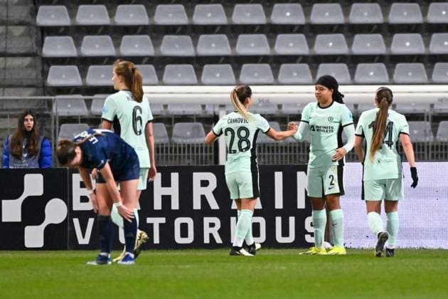 Mia Fishel ( 2 - Chelsea ) celebrates with teammates during the UEFA Women s Champions League match between PFC and Chelsea at Stade Charlety on January 30, 2024 in Paris, France. ( Photo by federico pestellini panoramic ) - FOOTBALL : PFC vs Chelsea - Ligue des Champions Feminine - 30 01 2024 FedericoPestellini Panoramic 