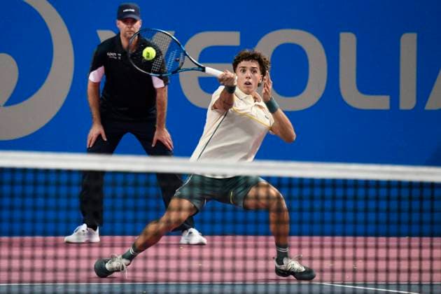 MONTPELLIER, FRANCE - JANUARY 30 : Arthur CAZAUX (FRA) during the 1st round of the ATP, Tennis Herren 250 Open Sud de France tournament vs. Maximilian MARTERER (GBR) in Montpellier, France on January 30th, 2024. TENNIS : Open Sud de France ATP 250 - 30 01 2024 ValentinaClaret Panoramic 