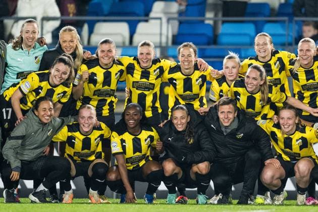 240130 Players of Häcken celebrate after the UEFA Women s Champions League football match between Real Madrid and Häcken on January 30, 2024 in Madrid Photo Mathias Bergeld BILDBYRAN code MB MB0845 fotboll football soccer fotball champions league real madrid häcken dam bbeng women kvinner jubel  Copyright: MATHIASxBERGELD BB240130MB077