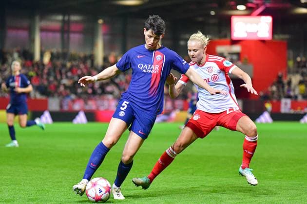Elisa De Almeida 5 Paris and Pernille Harder 21 Bayern in action at the UEFA Womens Champions League match FC Bayern Munich Paris Saint Germain Feminine on 30 01 2024 Munich FC Bayern Campus Bayern Germany