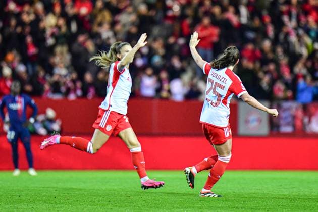 Katharina Naschenweng 19 FC Bayern and Sarah Zadrazil 25 FC Bayern celebrate the 1-0 goal in the UEFA Womens Champions League match FC Bayern Munich Paris Saint Germain Feminine on 30 01 2024 Munich FC Bayern Campus Bayern Germany