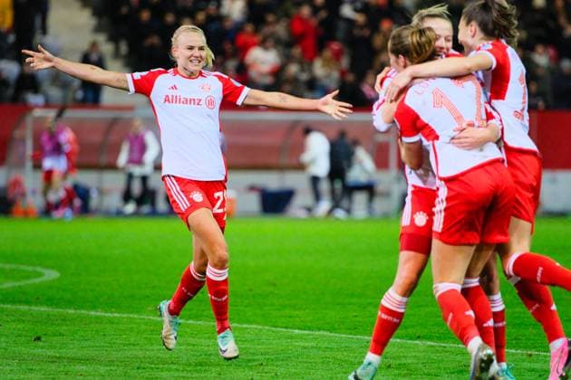 Pernille Harder 21, FC Bayern Munich celebrating a goal, FC Bayern Munich v Paris Saint Germain, Football, UEFA Women s Champions League 2023 2024, Matchday 6 on 30 01 2024 in Munich, FC Bayern Campus Bayern Germany