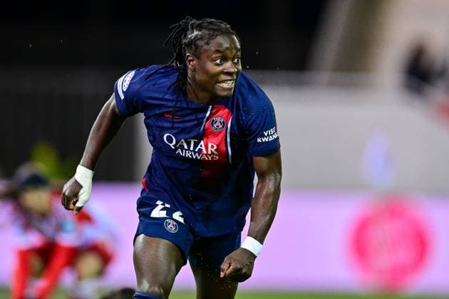 Tabitha Chawinga PSG, 22 with goal celebration, jubilation, goal celebration, celebrate the goal, goal, celebration, jubilation over the goal to 1 1 by Tabitha Chawinga PSG, 22 , optimistic, single picture, action, action, 30 01 2024, Munich Germany , Football, UEFA Womens Champions League, Group C, FC Bayern Munich Paris Saint Germain xslx