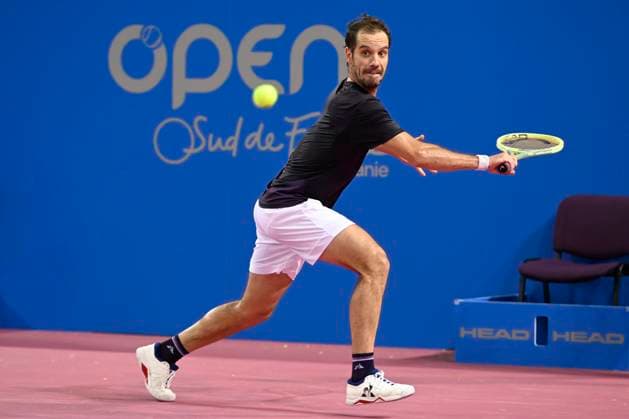 MONTPELLIER, FRANCE - JANUARY 30 : Richard GASQUET (FRA) during the 1st round of the ATP, Tennis Herren 250 Open Sud de France tournament vs. Pablo LLAMAS RUIZ (ESP) in Montpellier, France on January 30th, 2024. TENNIS : Open Sud de France ATP 250 - 30 01 2024 ValentinaClaret Panoramic 