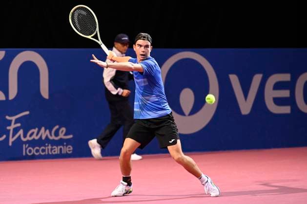 MONTPELLIER, FRANCE - JANUARY 31 : Dalibor SVRCINA (CZE) during the 1st round of the ATP, Tennis Herren 250 Open Sud de France tournament vs. Alexander SHEVCHENKO (KAZ) in Montpellier, France on January 31st, 2024. TENNIS : Open Sud de France ATP 250 - 31 01 2024 ValentinaClaret Panoramic 