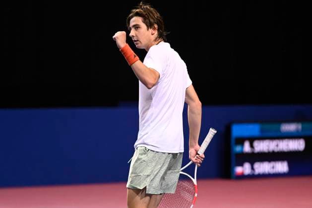 MONTPELLIER, FRANCE - JANUARY 31 : Alexander SHEVCHENKO (KAZ) celebration during the 1st round of the ATP, Tennis Herren 250 Open Sud de France tournament vs. Dalibor SVRCINA (CZE) in Montpellier, France on January 31st, 2024. TENNIS : Open Sud de France ATP 250 - 31 01 2024 ValentinaClaret Panoramic 